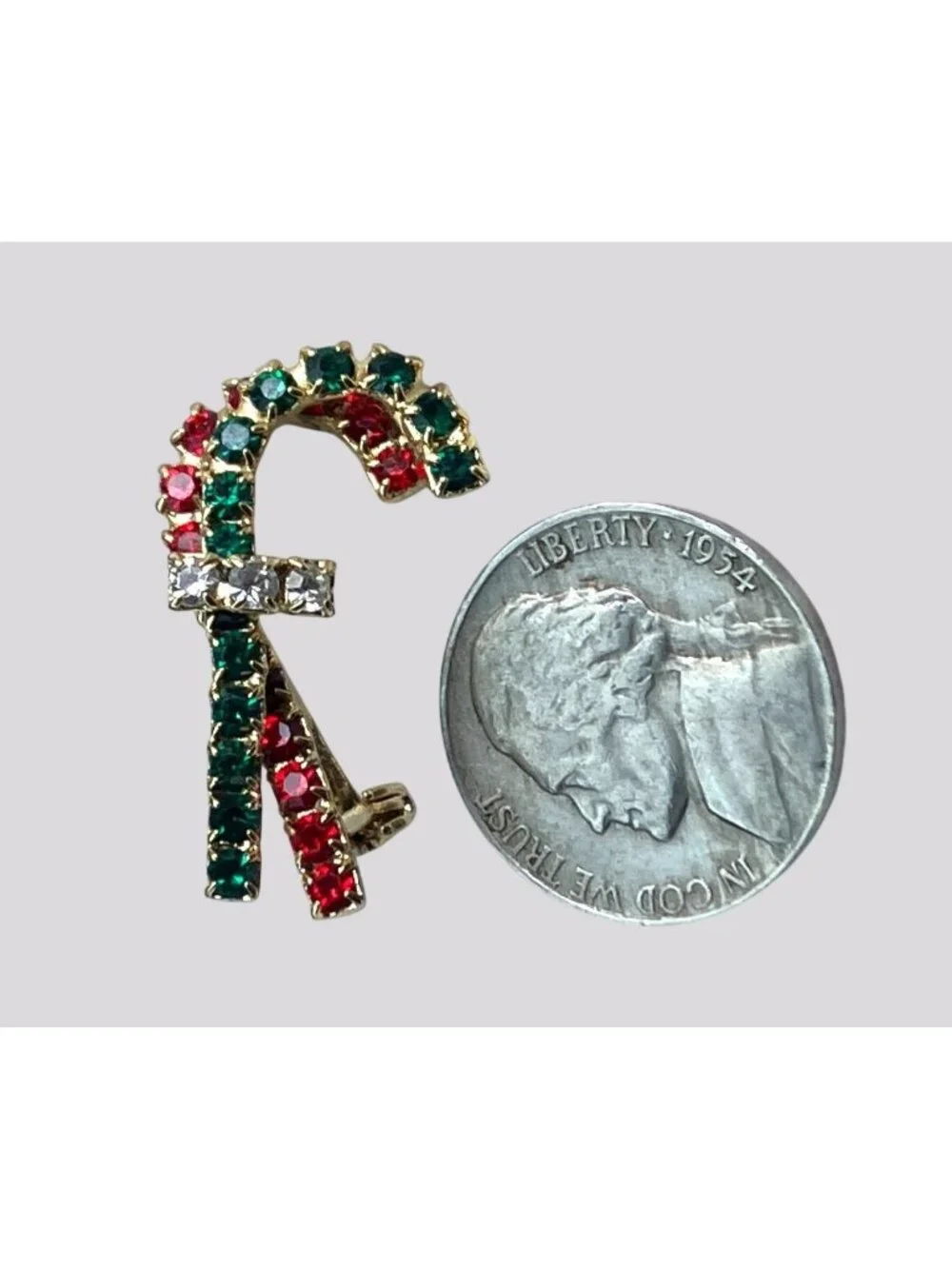 Vintage Gold Tone Rhinestone Candy Cane Brooch Pin Red Green and Clear Stones